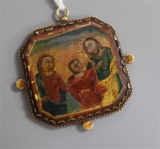 An 18th/19th century Continental double sided reverse painted icon pendant width 5.5cm